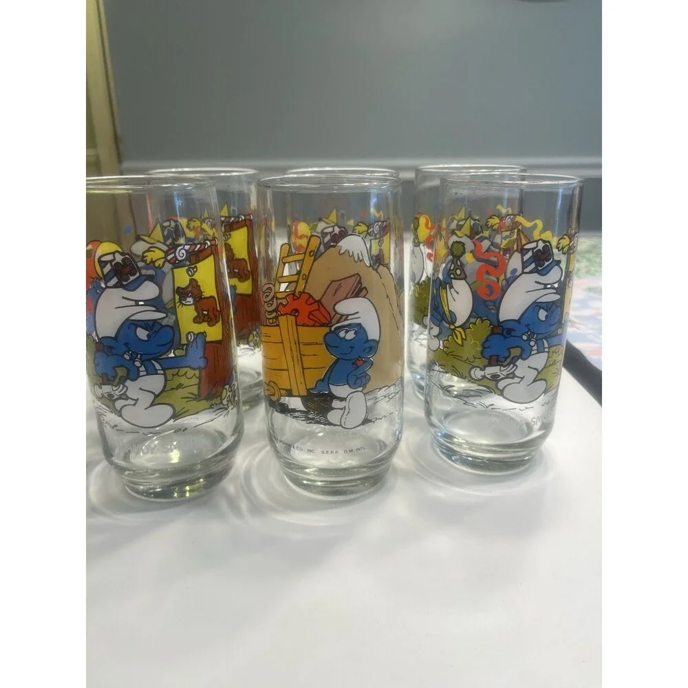 6 Vintage Collectible Smurfs Drinking Glasses Hardee's PEYO 1983 1982 Tumblers
